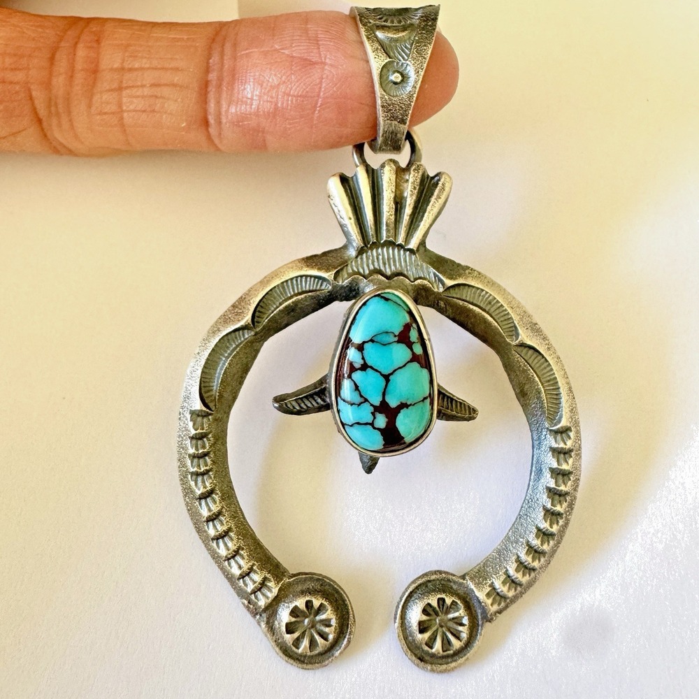 Navajo Naja Pendant Turquoise 2.5in Squash Blossom Antiqued‎ Signed EL Billah